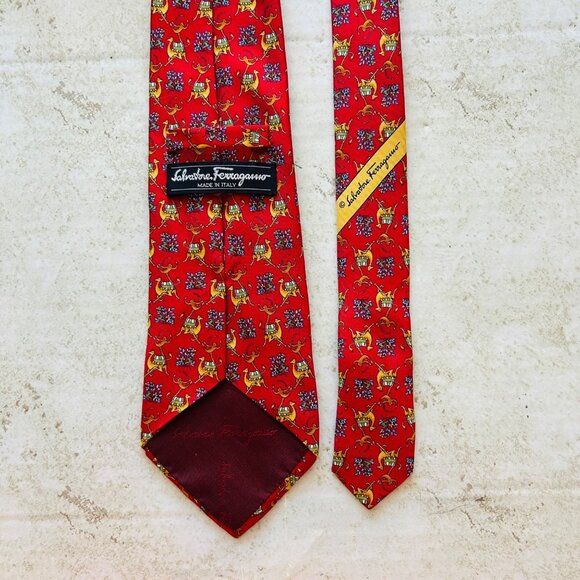 Salvatore Ferragamo Mens Silk Red Tie/ Yellow Camel Monkey & Floral Print - Picture 1 of 5
